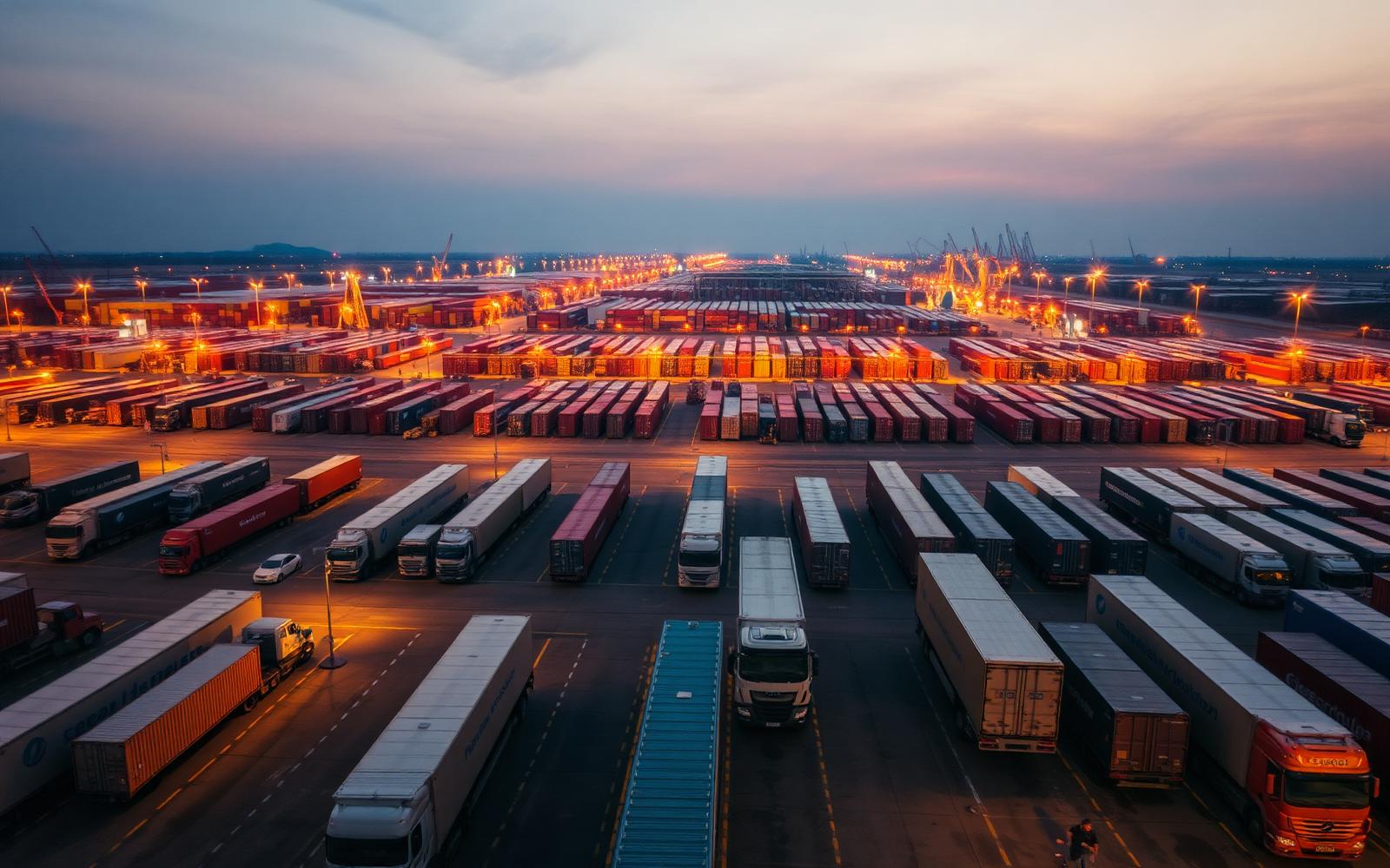 Aerial view of trucks and containers at a logistics yard